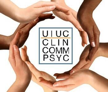 Photo of hands with different skin tones making a circle around a logo that reads 'UIUC CLIN COMM PSYC'